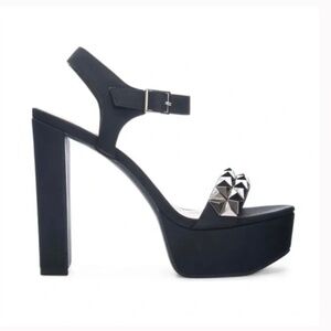Chinese Laundry platform heeled sandals, black upper with silver stud detail